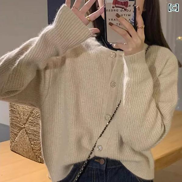 ニット レディース セーター 秋冬 長袖 カーディガン シンプル 無地 ウール ミドル丈 レッド グリーン ..