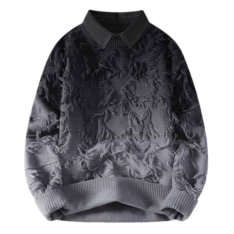 セーター メンズ ニット トップス グラデーション 襟 フリンジ フェイクツーピース 暖かい 秋冬 グレー ホワイト ブルー