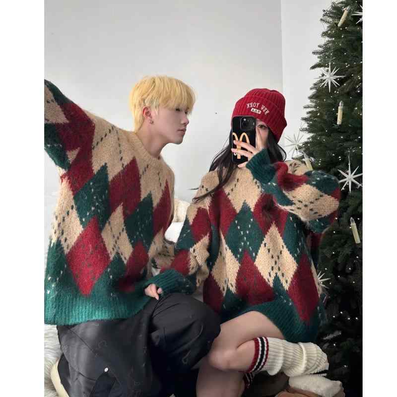 セーター メンズ レディース カップル ニット トップス クリスマス 厚手 アメリカン レトロ ジャケット グリーン ベージュ