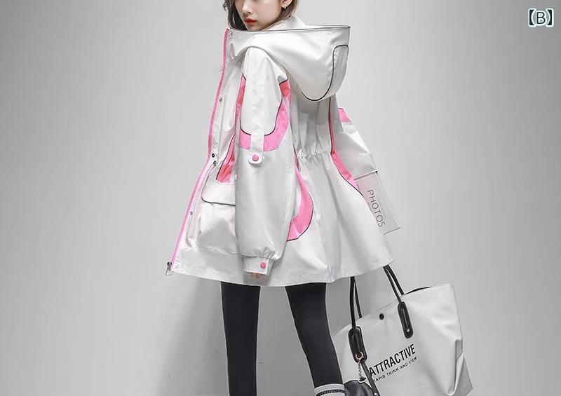 マウンテンパーカー ジャケット レディース ミドル丈 ウエスト 防風 フード付き ウインドブレーカー 春秋 ピンク ホワイト ブラック