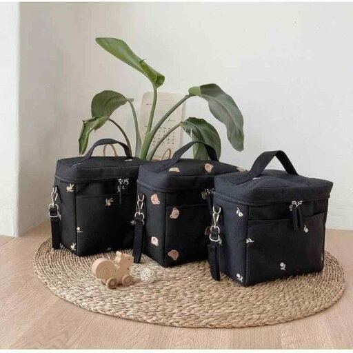 ベビーカーバッグ おしゃれ 小物入れ 収納 買い物 ハンギング 落下防止 ジッパー 刺繍 コットン 吊り下げ 断熱 黒 クマ チューリップ ベビーカーバッグ おしゃれ 小物入れ 収納 買い物 ハンギング 落下防止 ジッパー 刺繍 コットン 吊り下げ 断熱 黒 クマ チューリップ