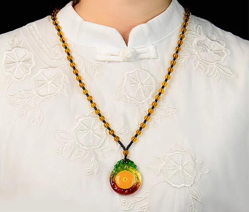 ネックレス メンズ レディース カップル アクセサリー マントラ ペンダント ビーズ イエロー グリーン