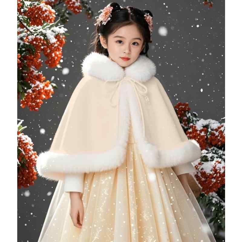 ポンチョ アウター マント コート 防寒 キッズ 子供 女の子 秋冬 中国風 ショール 韓服 厚手 暖かい ショート丈 ベージュ