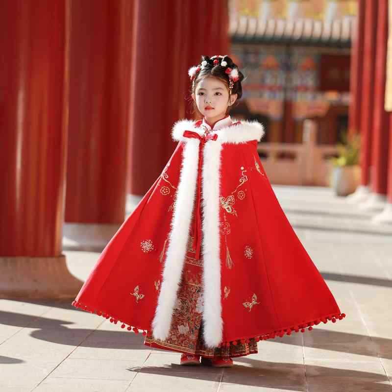 ポンチョ アウター マント コート 防寒 キッズ 子供 女の子 秋冬 中国風 漢服 ベルベット ファー 厚手 フード付き 刺繍 レッド ホワイト
