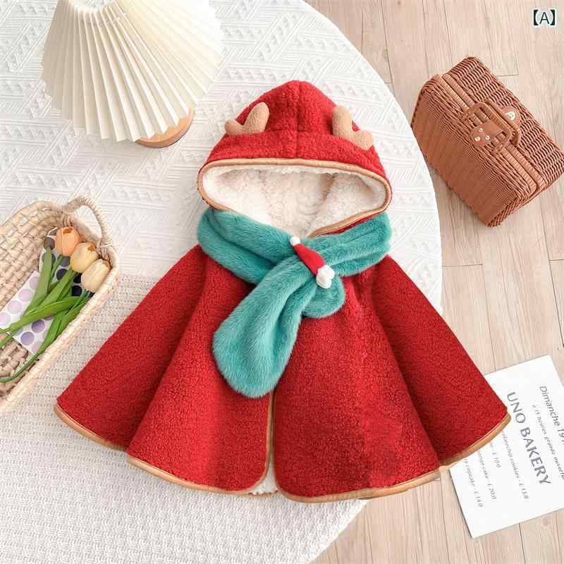 ベビー 男の子 女の子 ポンチョ 秋冬 アウター マント コート 防寒 厚手 防風 裏起毛 フード付き クリスマス レッド