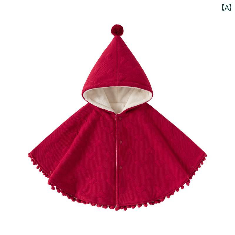 ベビー 男の子 女の子 ポンチョ 秋冬 アウター マント コート ショール 防寒 防風 暖かい フード付き かわいい レッド