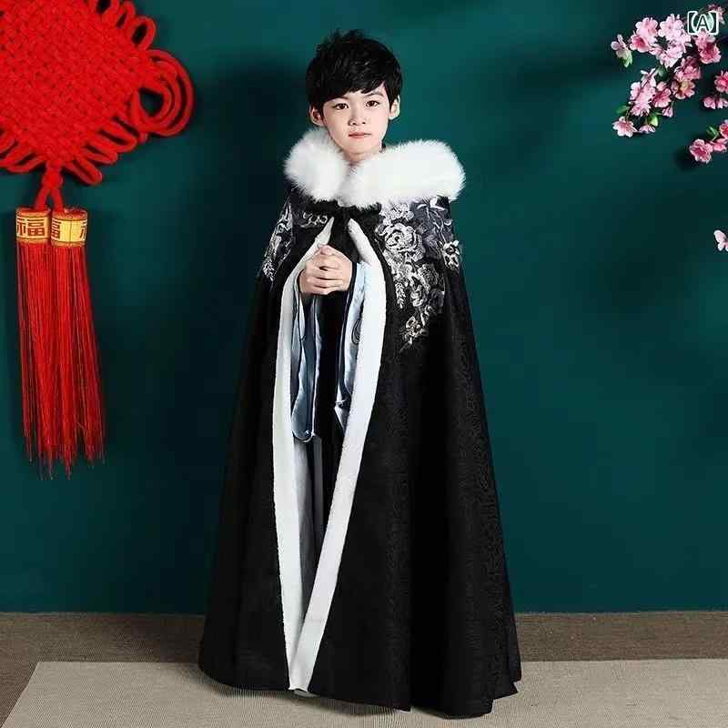 ポンチョ アウター マント コート 防寒 キッズ 子供 男の子 女の子 秋冬 中国風 ショール ベルベット 暖かい 刺繍 スタイリッシュ ロング丈 ファー ブラ...