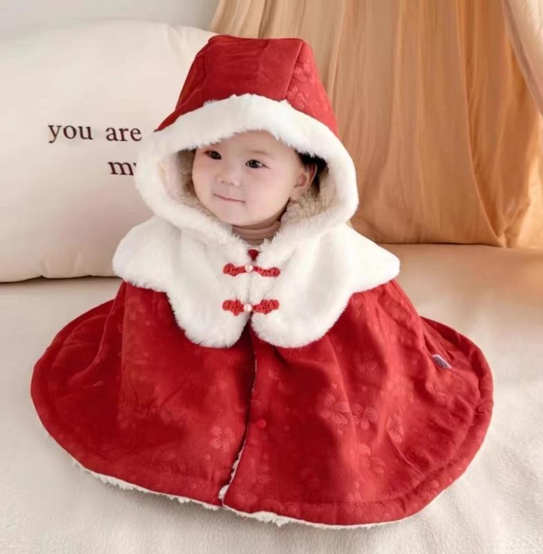 ベビー 男の子 女の子 ポンチョ 秋冬 アウター マント コート ケープ ショール 防寒 厚手 防風 暖かい フード付き レッド