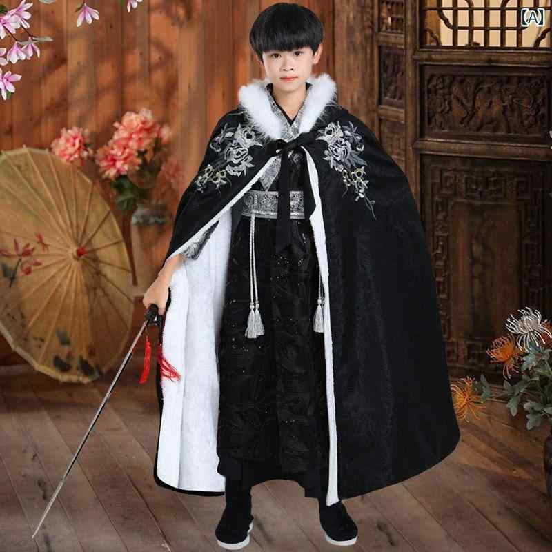 ポンチョ アウター マント コート 防寒 キッズ 子供 男の子 女の子 秋冬 中国風 韓服 ショール 厚手 フード付 ロング丈 ブラック ワインレッド