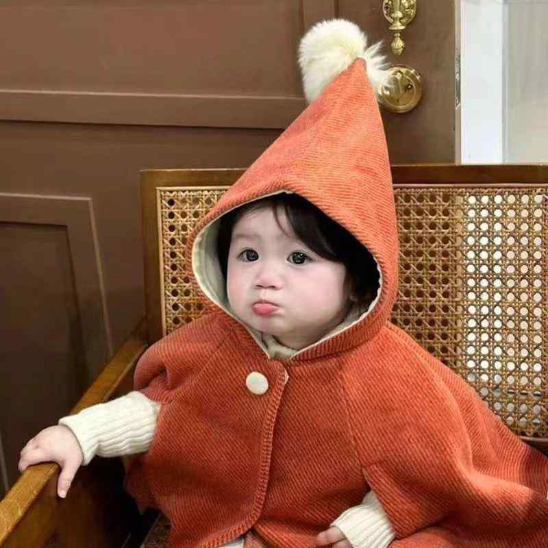 ベビー 男の子 女の子 ポンチョ 秋冬 アウター マント コート ケープ ショール 防寒 防風 厚手 暖かい とんがり フード付き かわいい オレンジ