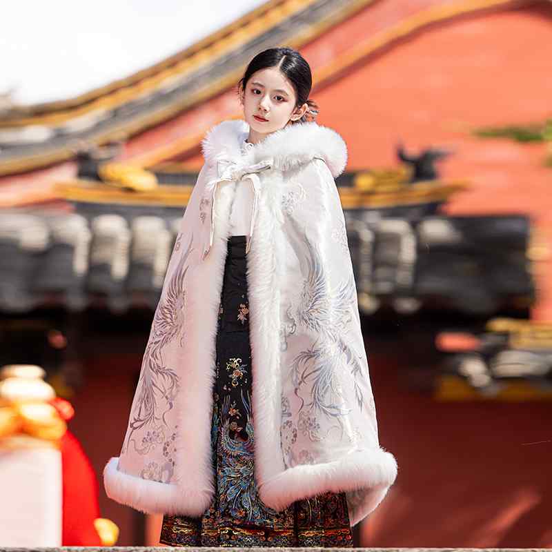 ポンチョ アウター マント コート 防寒 キッズ 子供 女の子 秋冬 中国風 漢服 トップス スカート 防風 厚手 暖かい フード付き ファー ホワイト ブルー...