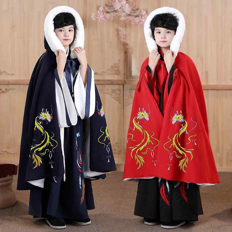 ポンチョ アウター マント コート 防寒 キッズ 子供 男の子 秋冬 中国風 漢服 ショール 厚手 フード付き ネイビー レッド