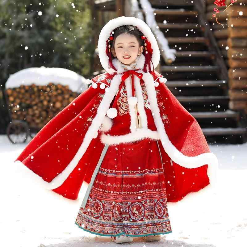 ベビー 女の子 ポンチョ 秋冬 アウター マント コート ショール 中国風 漢服 防寒 厚手 フード付き レッド