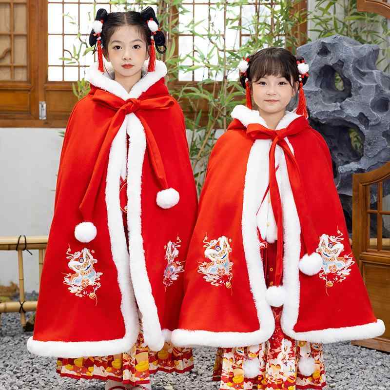 ポンチョ アウター マント コート 防寒 キッズ 子供 女の子 秋冬 アンティーク 中国風 漢服 ベルベット 厚手 防風 ロング丈 レッド