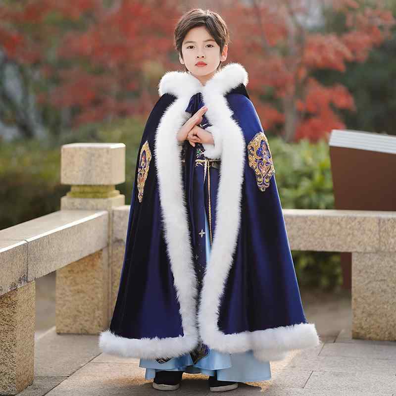ポンチョ アウター マント コート 防寒 キッズ 子供 男の子 秋冬 中国風 韓服 ショール フード付き 厚手 ロング丈 ネイビー ブルー