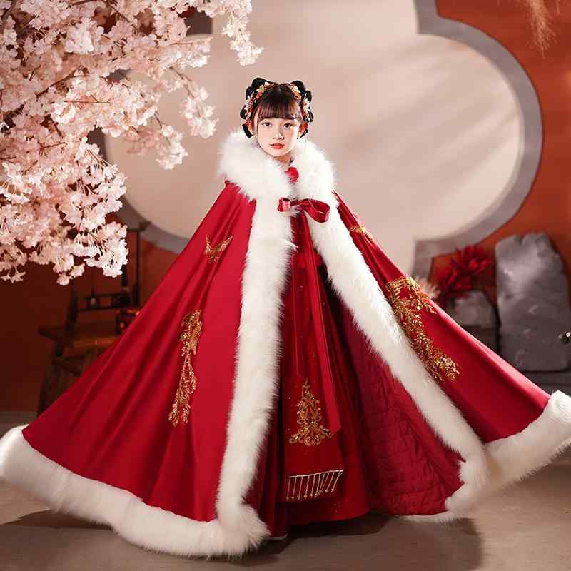 ポンチョ アウター マント コート 防寒 キッズ 子供 女の子 秋冬 中国風 漢服 厚手 衣装 ロング丈 ファー レッド