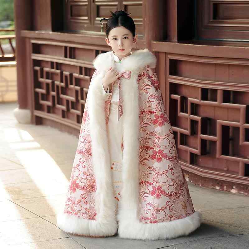 ポンチョ アウター マント コート 防寒 キッズ 子供 女の子 秋冬 中国風 韓服 ケープ 厚手 防風 暖かい フード付き ロング丈 ファー レッド ピンク