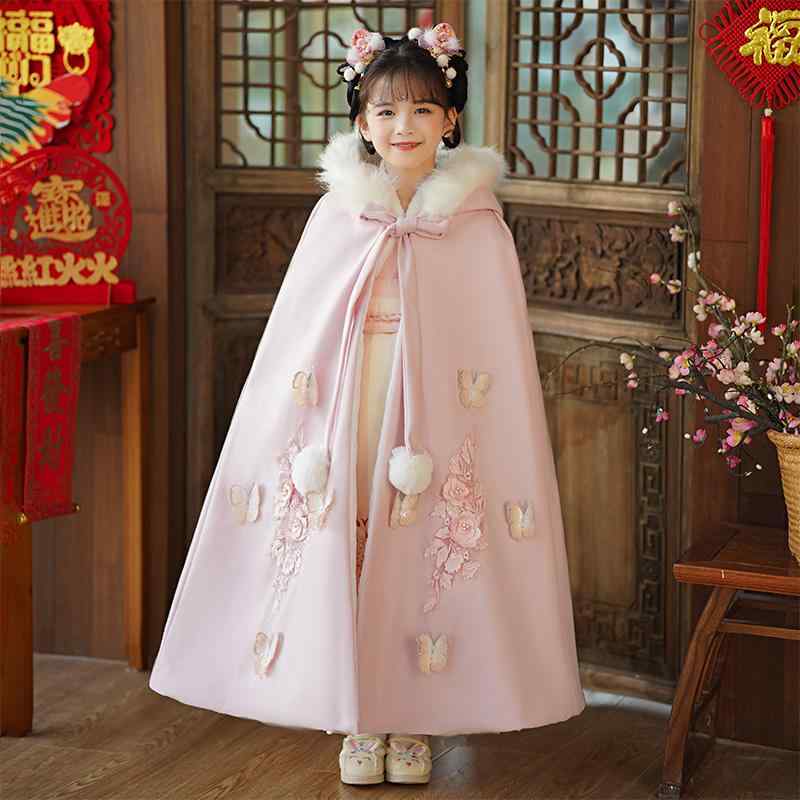 ポンチョ アウター マント コート 防寒 キッズ 子供 女の子 秋冬 中国風 韓服 ケープ キルティング裏地 ロング丈 ピンク レッド