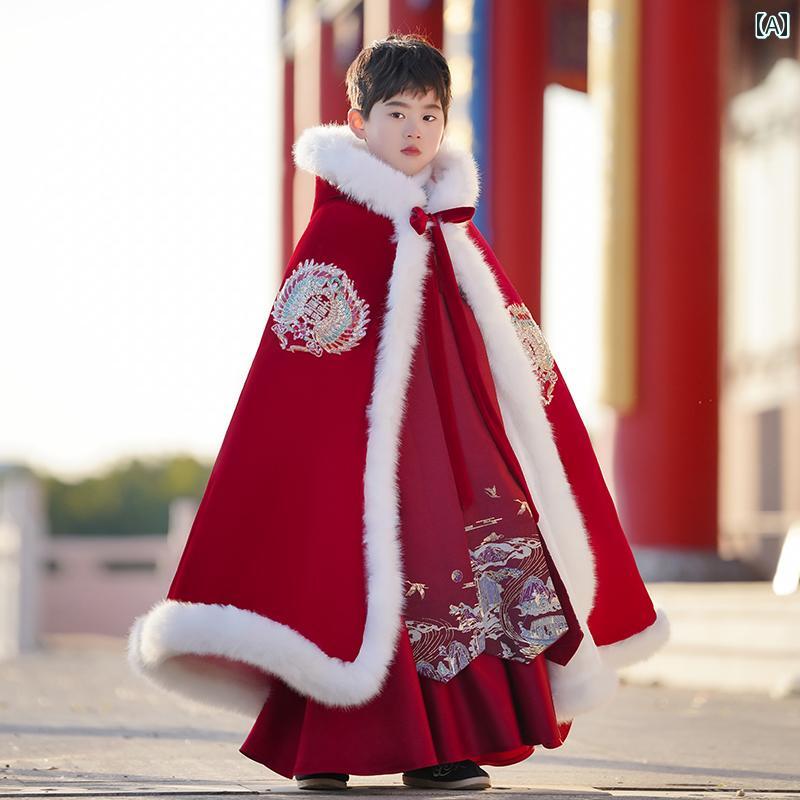 ポンチョ アウター マント コート 防寒 キッズ 子供 男の子 秋冬 中国風 漢服 ショール ケープ ベルベット 厚手 防風 フード付き レッド