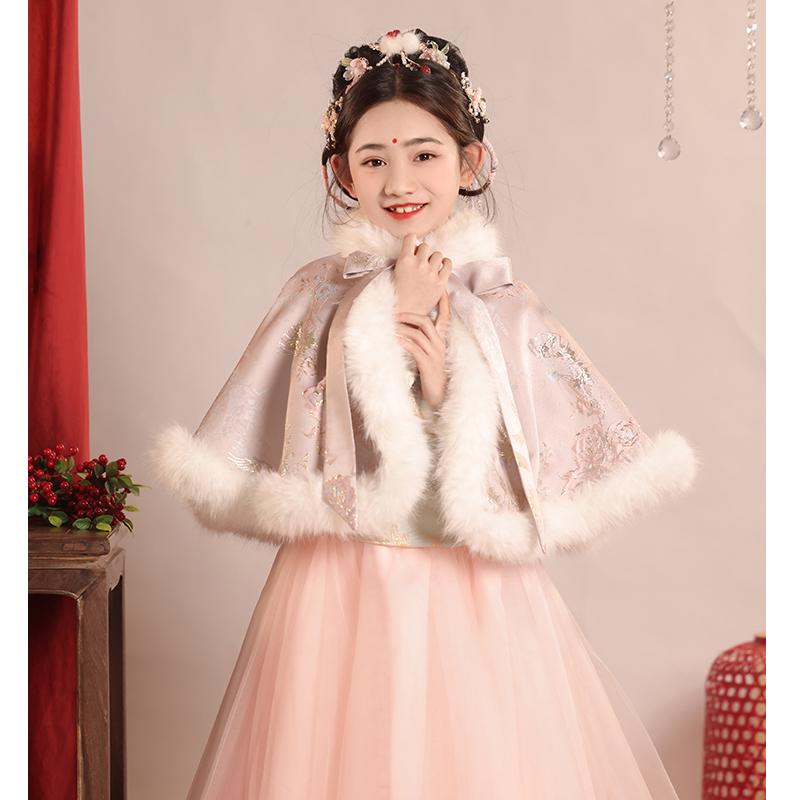 ポンチョ アウター マント コート 防寒 キッズ 子供 女の子 秋冬 中国風 韓服 ショール ベルベット 厚手 防風 暖かい ジャケット ショート丈 ファー ピ...