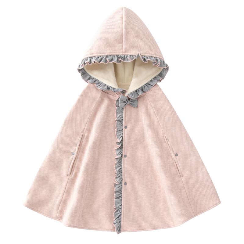 ベビー 女の子 ポンチョ 秋冬 アウター マント コート ケープ 防寒 防風 ベルベット 暖かい フード付き ミドル丈 かわいい ピンク