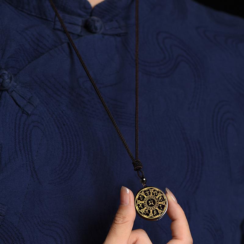 ネックレス メンズ レディース アクセサリー 黒曜石 文殊 菩薩 マントラ ペンダント 経典 ブラック レッド