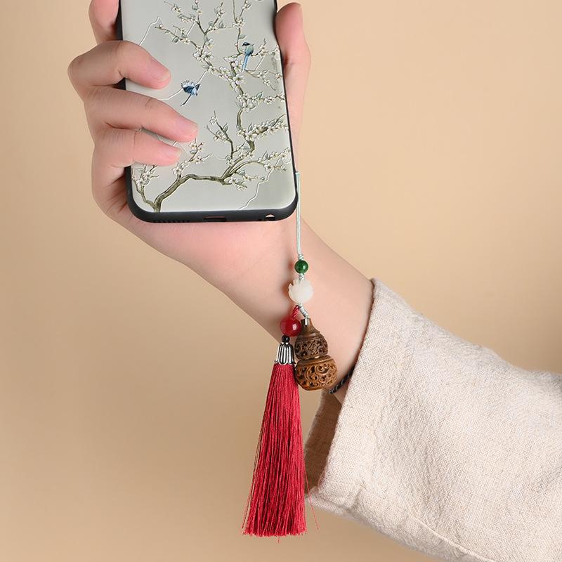タッセル フリンジ キーホルダー アクセサリー ストラップ 中国風 レトロ ペンダント チェーン 彫刻 ひょうたん レディース 携帯電話 レッド グリーン