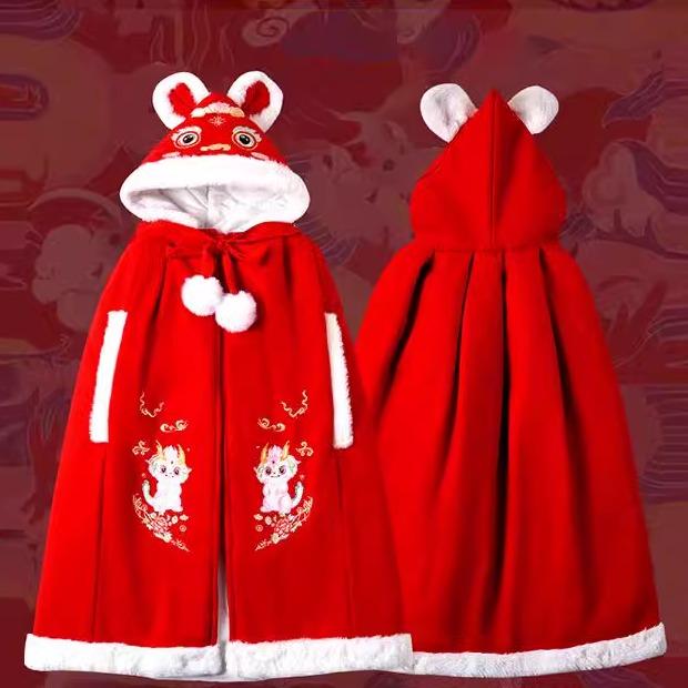 ベビー 女の子 ポンチョ 秋冬 アウター マント コート カジュアル 中国風 防寒 防風 フード付き キルティング ロング丈 レッド