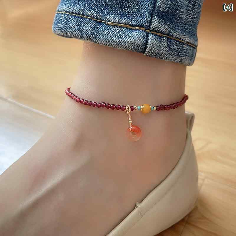 アンクレット レディース 女の子 アクセサリー ジュエリー ガーネット おしゃれ 鈴 レッド ボルドー