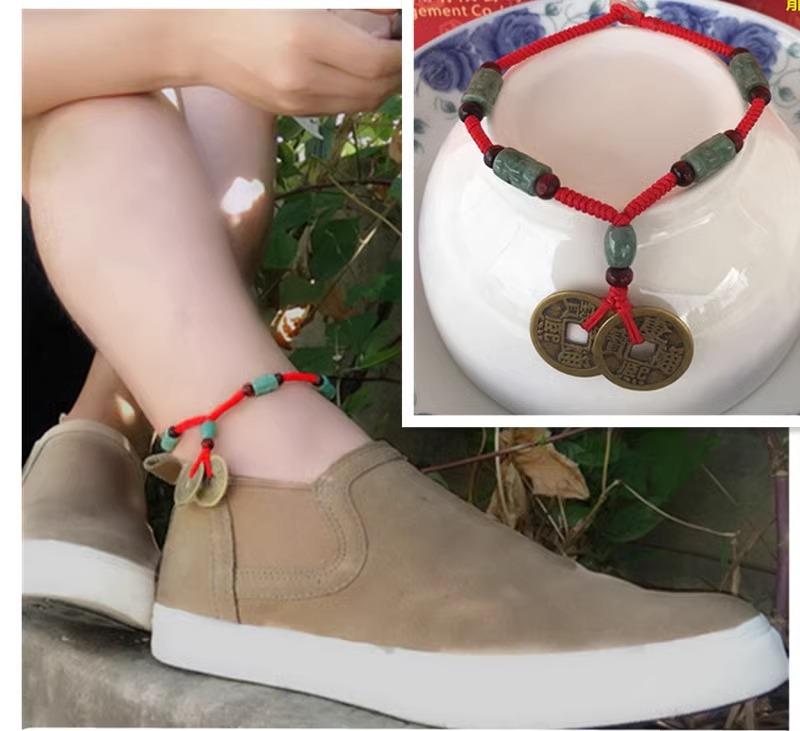 アンクレット メンズ レディース アクセサリー ジュエリー エスニック 翡翠 手織り ロープ コインペンダント カップル グリーン