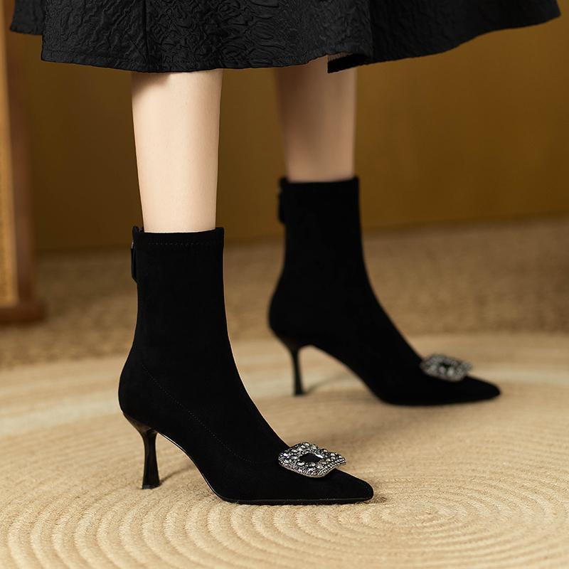ブーツ レディース シューズ ラインストーン スクエア バックル ショート 秋冬 弾性 ストッキング ハイ..