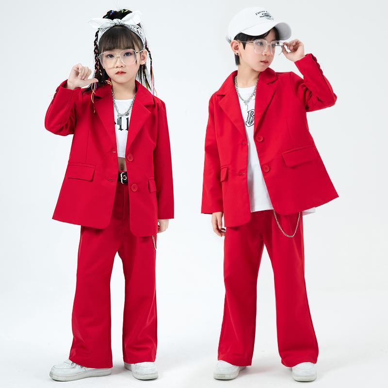 ダンス 衣装 キッズ 子供 男の子 女の子 練習着 レッスンウェア 衣装 セットアップ ストリート ヒップホップ 長袖 ジャケット パンツ レッド ホワイト ブラック