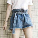 ベルト デニム レディース おしゃれ カラフル ハイウエストマーク ショート パンツ 夏 シック 韓国 青
