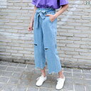 デニム パンツ レディース ウエストマーク スリムフィット 9分丈 ストレート カジュアル 青