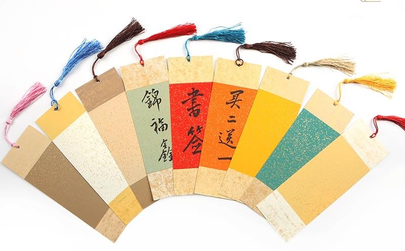 しおり 空白 おしゃれ ブックマーク 短冊 中国風 レトロ フリンジ タッセル 楷書 書道 手書き カード 紙 ベージュ