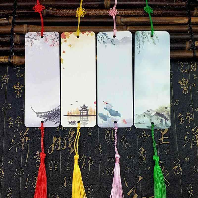 しおり 空白 おしゃれ ブックマーク 短冊 DIY フリンジ タッセル 装飾 吊り下げ タグ付き パープル ワ..