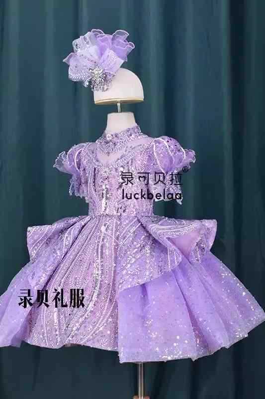 ドレス ワンピース キッズ 子供 女の子 春 フォーマル ミドル丈 結婚式 発表会 ピアノ 演奏会 パーティー パープル