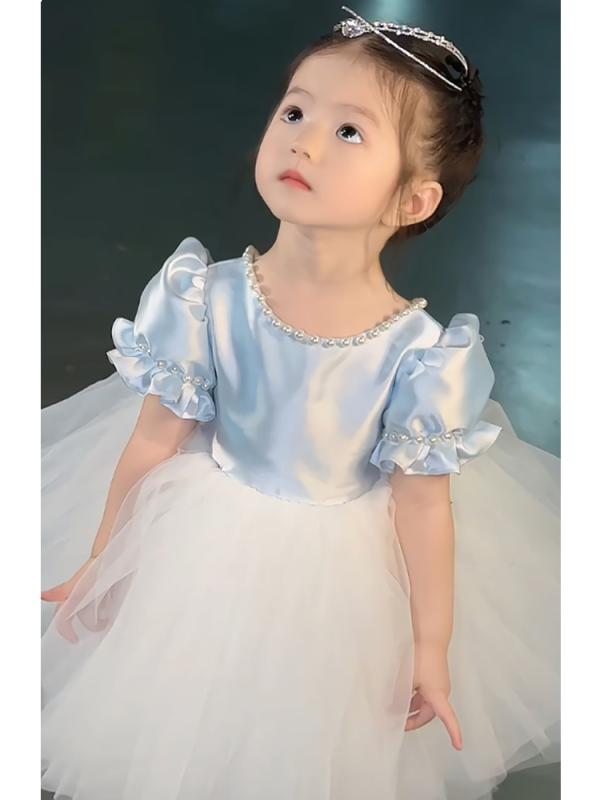 ベビー ドレス キッズ 子供 女の子 フォーマル ワンピース 半袖 ミドル丈 結婚式 発表会 ブルー ピンク