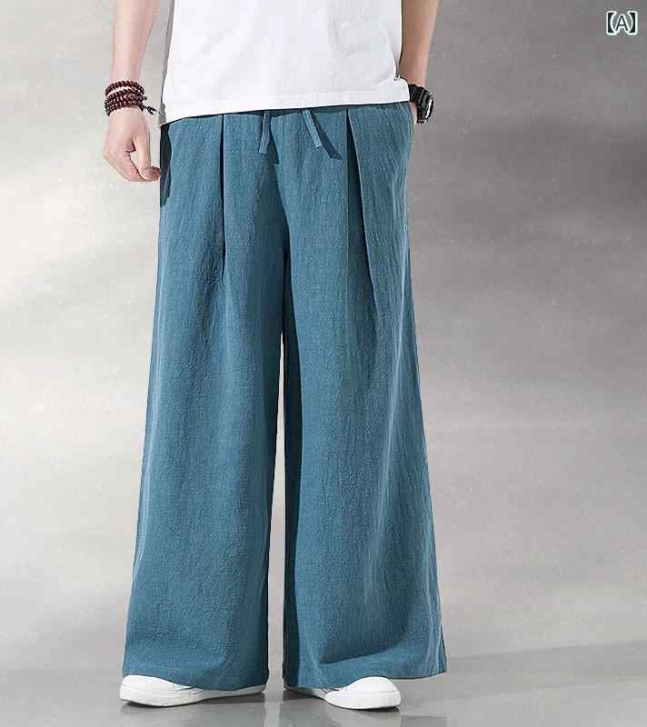 ワイドパンツ メンズ ガウチョパンツ 秋 中国風 コットン リネン フレアパンツ カジュアル 大きいサイズ ズボン ターコイズ ネイビー グレー