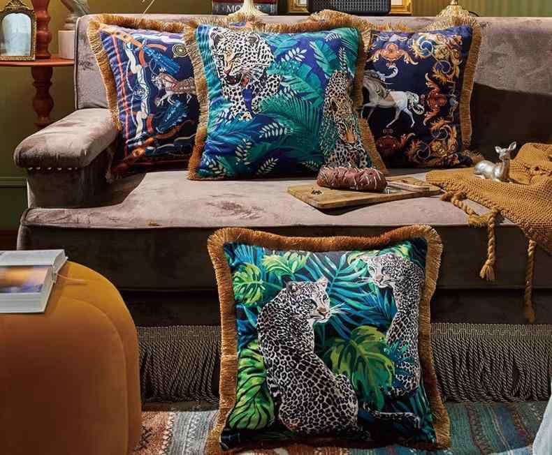 クッションカバー おしゃれ タッセル プリント 枕 動物柄 インテリア ベルベット 厚手 かっこいい 秋冬