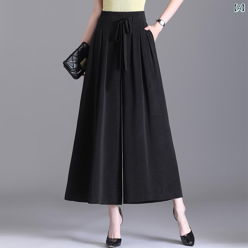 ワイドパンツ レディース 中高年 ガウチョパンツ カジュアル 九分丈 ハイウエスト ドレープ ジャガード 黒 赤 白