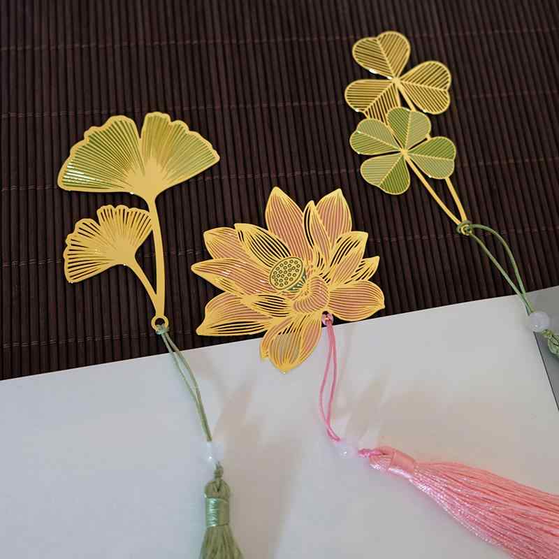 しおり 金属 おしゃれ ブックマーク ロータス メタル 葉 タッセル 中国風 真鍮 文具 ゴールド ピンク ..