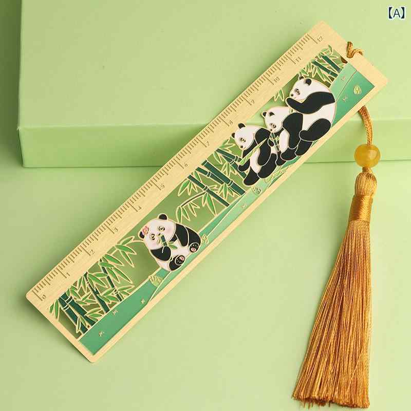 しおり 定規 金属 おしゃれ ブックマーク かわいい 真鍮 タッセル 学生 中国風 ゴールド グリーン パンダ