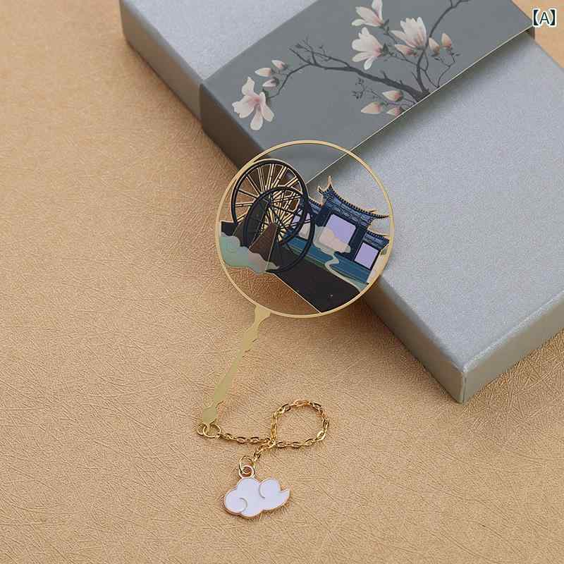 しおり 金属 おしゃれ ブックマーク 真鍮 中国風 タッセル レトロ 旅行 うちわ型 ゴールド グリーン 牛