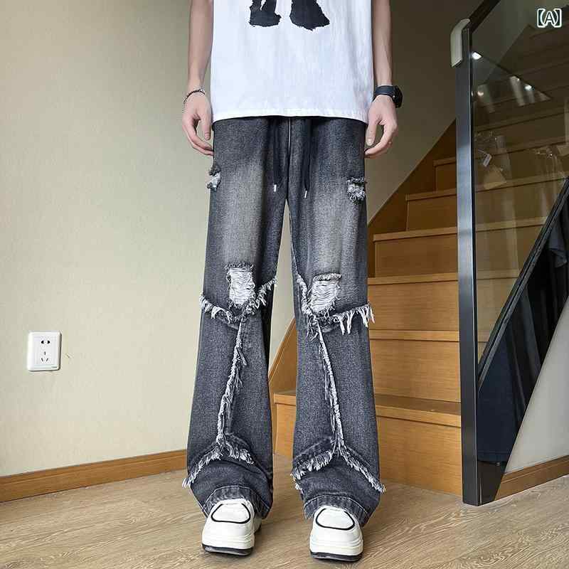デニム ジーンズ メンズ ボトムス アメリカン カジュアル ストリート ヒップホップ ダメージ加工 ワイド ブラック