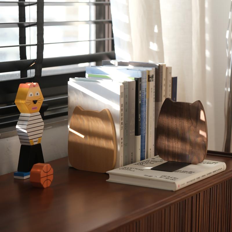 ブックエンド 木製 おしゃれ 本立て 仕切り デスク オフィス 収納 落下防止 かわいい ベージュ 茶 猫