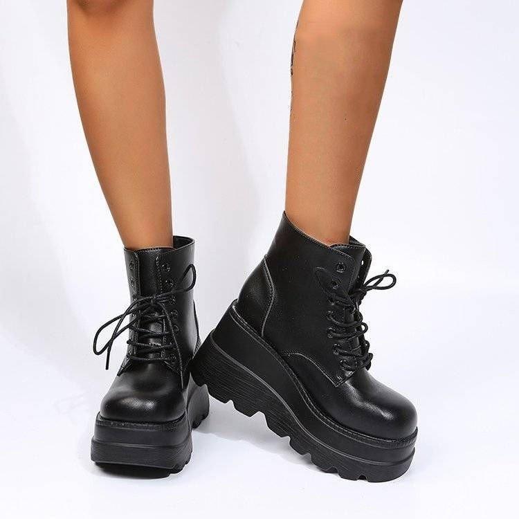 厚底 ブーツ レディース シューズ レースアップ 編み上げ ラウンドトゥ ショートブーツ ブラック