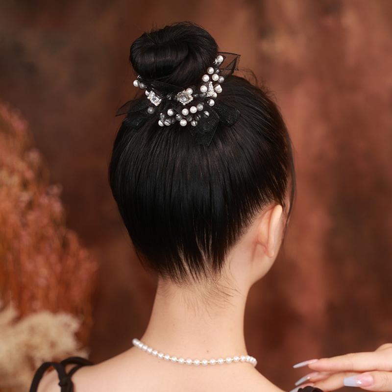 ヘアゴム パール ヘアアクセサリー レディース 弾力性 ヘア ロープ ボール ヘッド ポニーテール 蝶結び ブラック