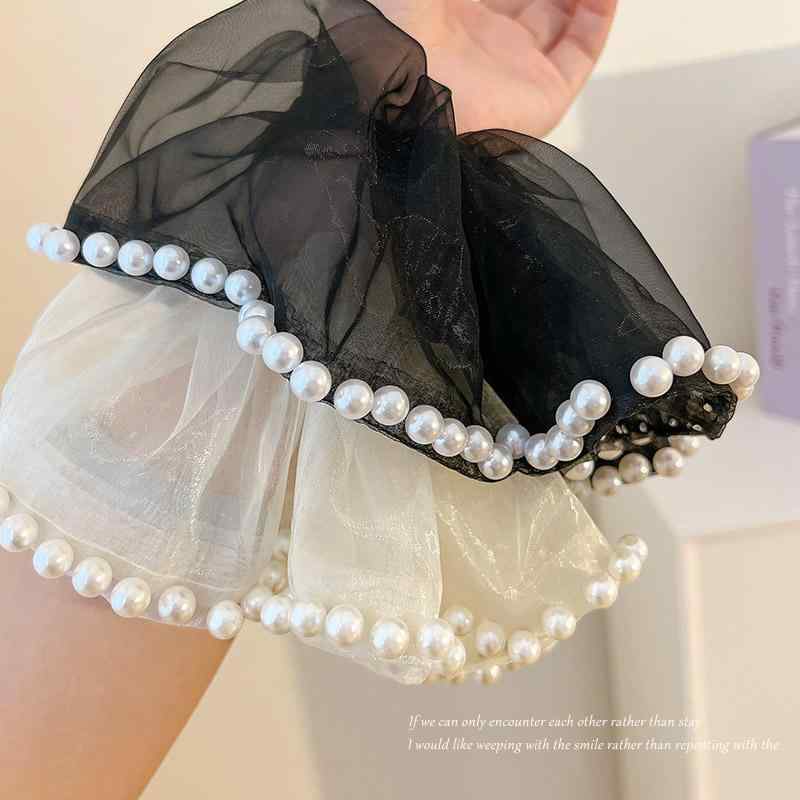 シュシュ ヘアゴム パール ヘアアクセサリー レディース エレガント ローポニーテール ヘアロープ メッシュリング ブラック ベージュ