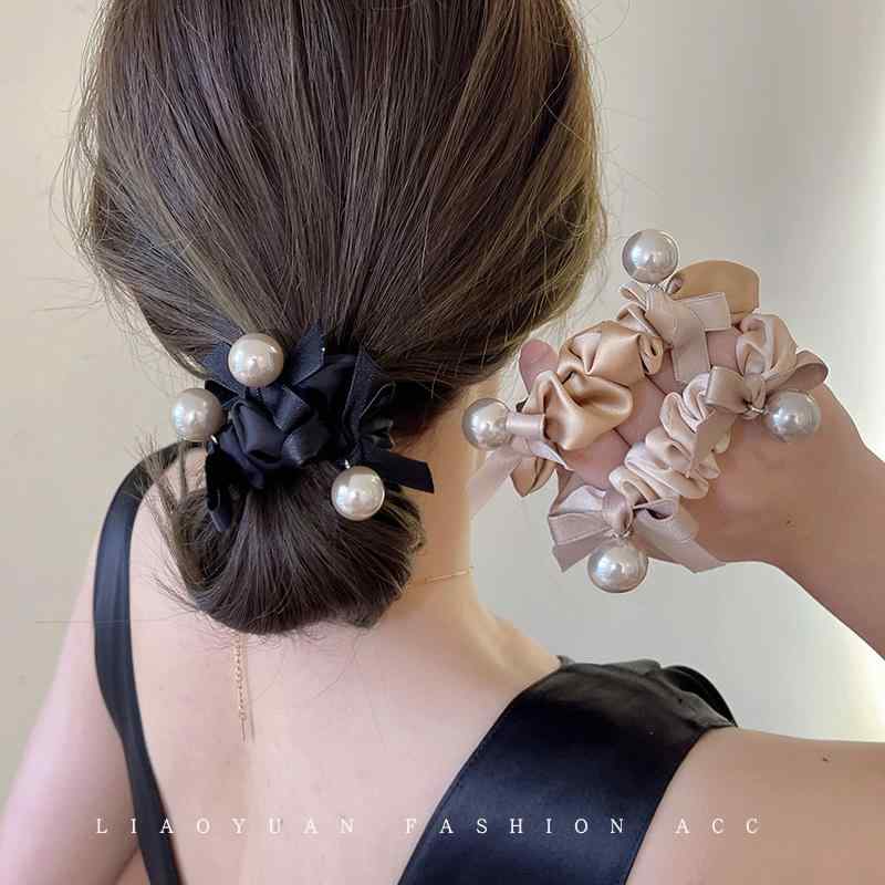 シュシュ ヘアゴム パール ヘアアクセサリー レディース パールリボン ゴムバンド ブラック カーキ ブラウン